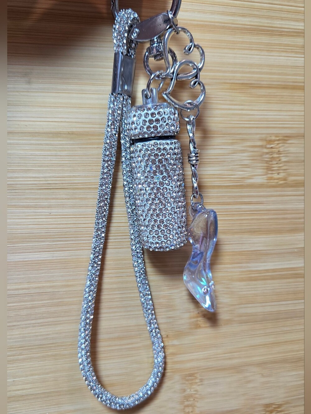 NWT Bling Rhinestone Portable Pill Holder Keychain Cinderella Slipper Bag Charm